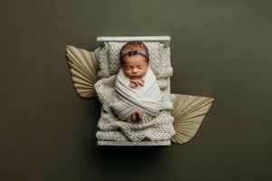 Artistic newborn photography setup with a green backdrop.