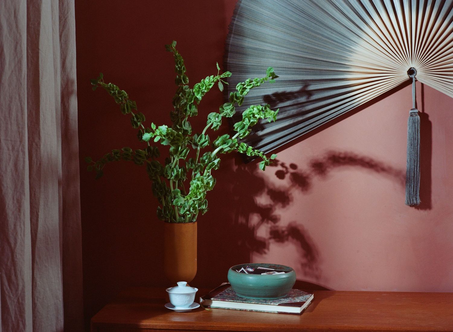 Green plant in white pot sits on wooden surface with fan starburst pattern wall decor in background.