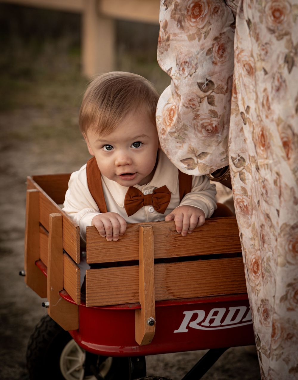 Adorable baby boy in brown bow tie sitting in a classic red Radio Flyer wagon during a professional photo session. Ramona grasslands