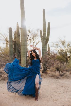 Dramatic dance movements in a blue gown create motion against the desert landscape.
