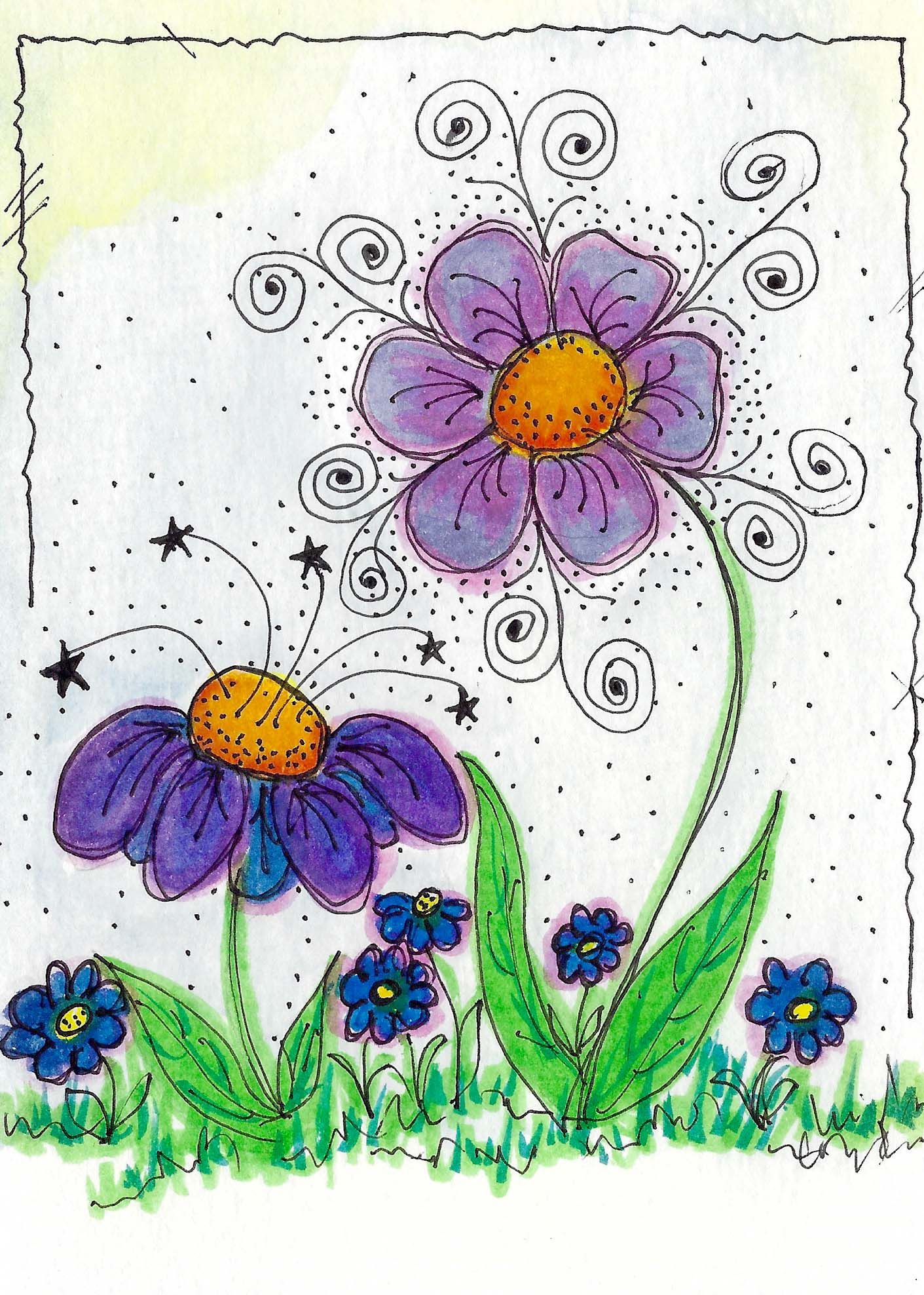 Progressive illustration of purple and blue flowers with swirling designs growing in green grass.