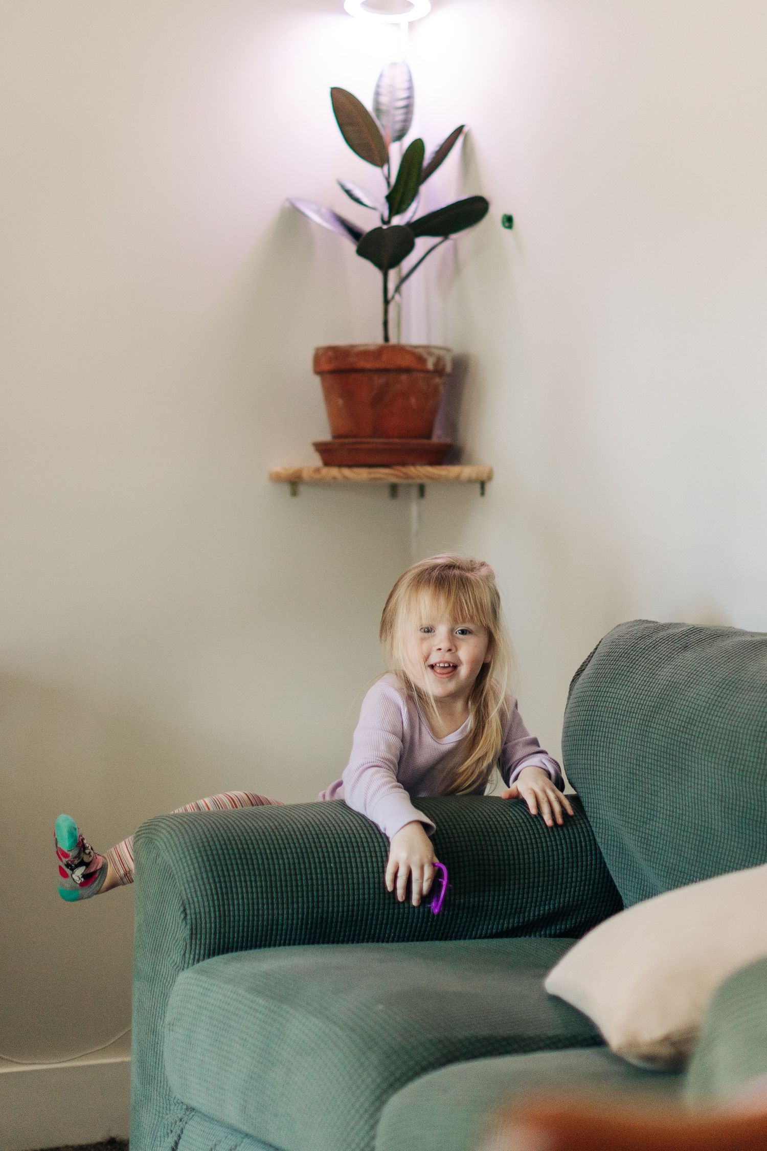 A toddler in purple playing on a green couch beneath a potted plant.