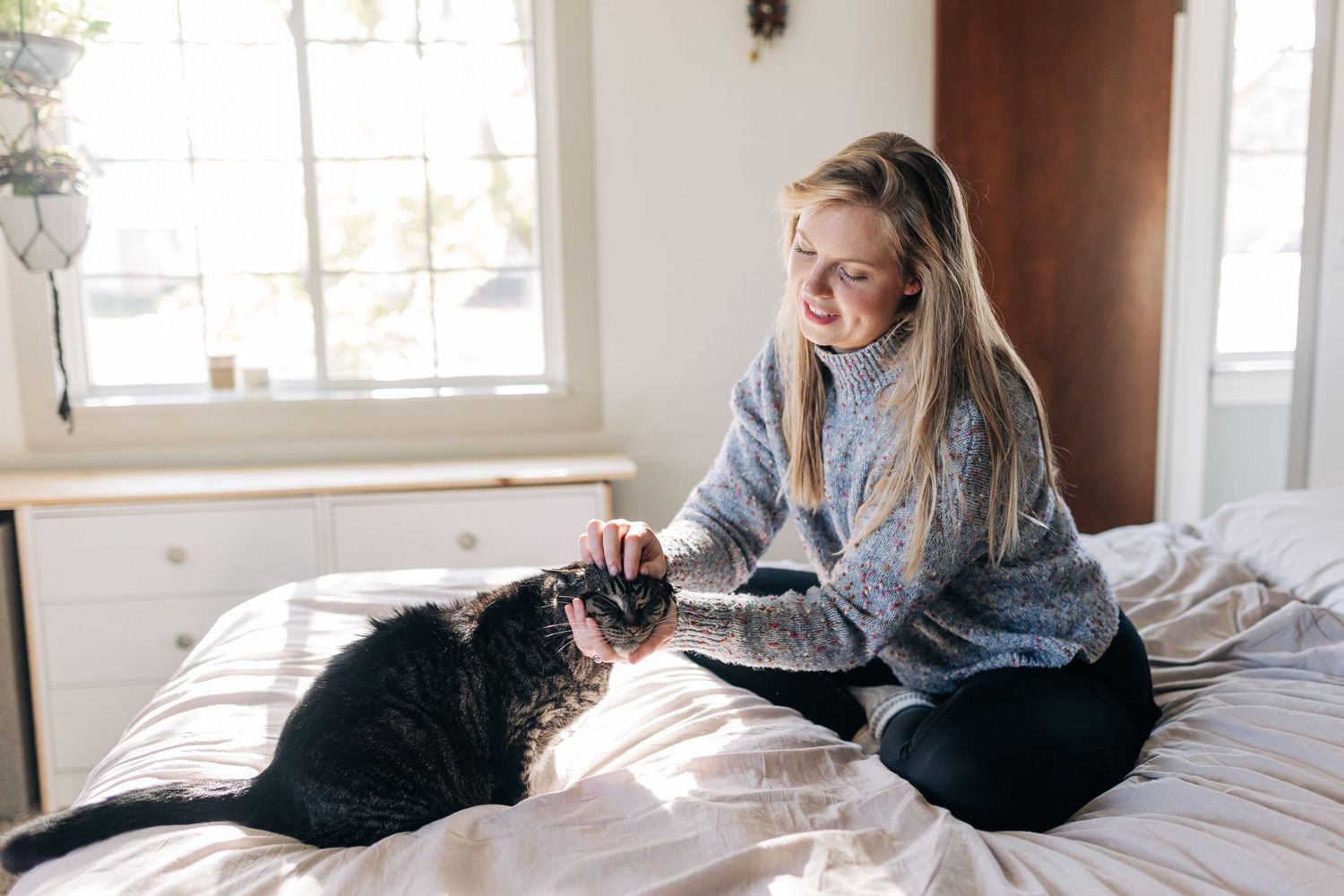 Person wearing glasses sitting on bed with black cat in cozy bedroom interior.