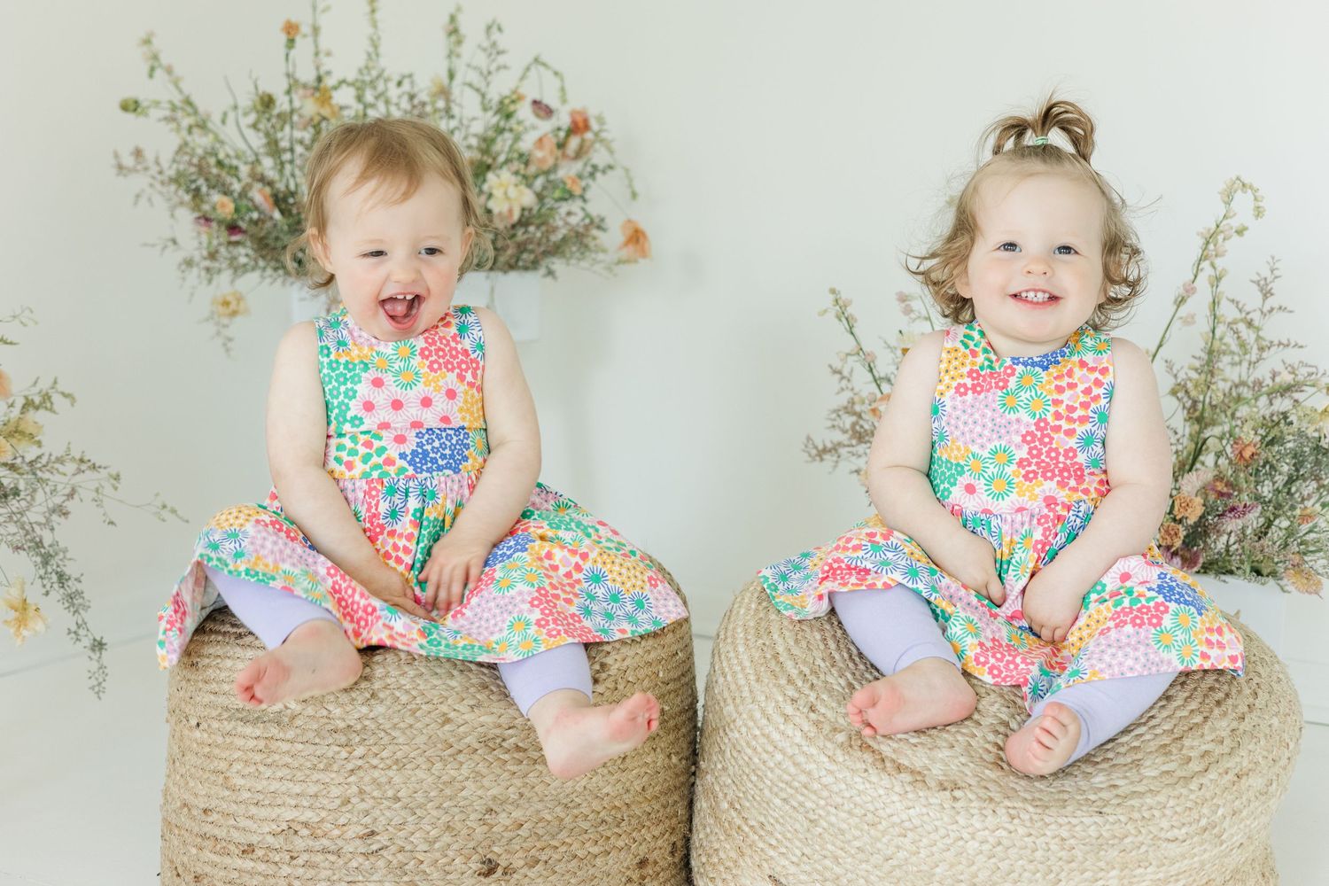 Multiple views of a cheerful moment on a woven basket with floral arrangements.