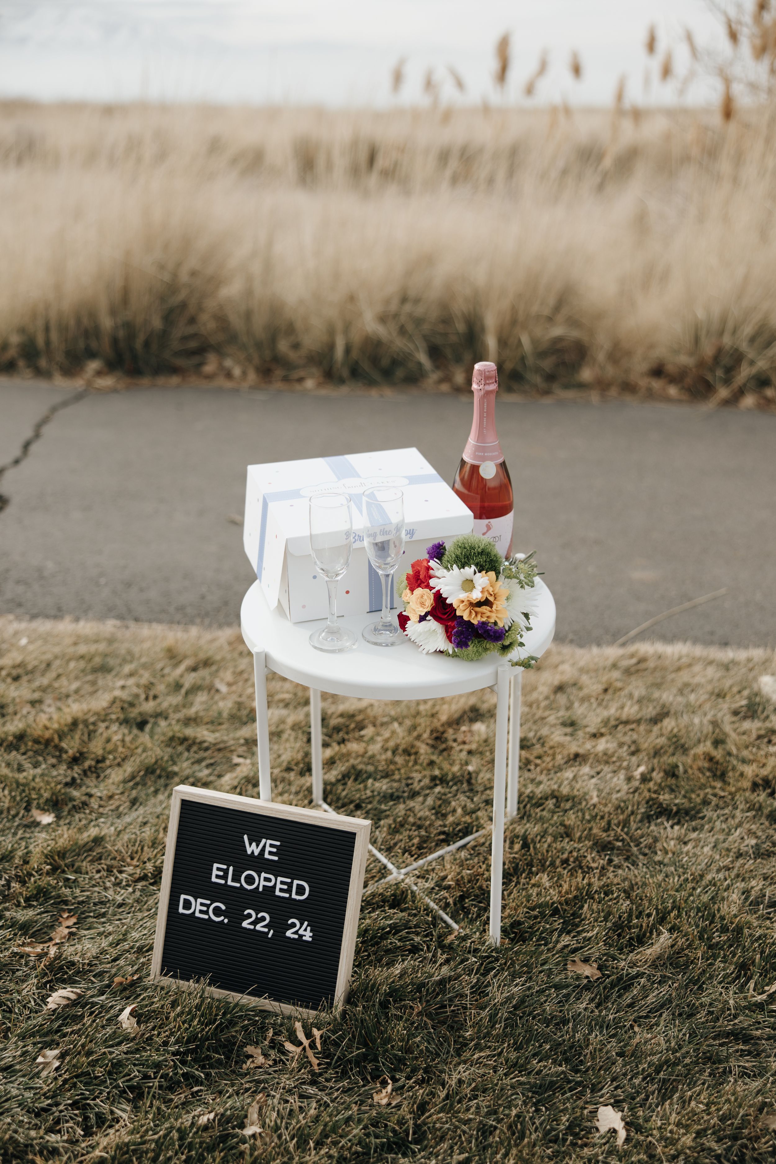 Still life of a white table with champagne, flowers and a black sign reading 'We eloped Dec 22 24' in a field.
