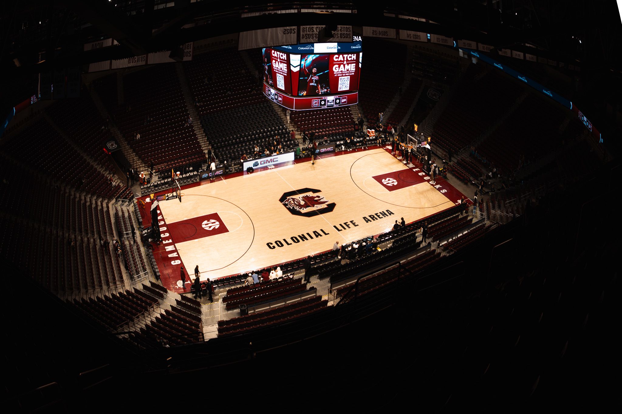 Aerial view of Colonial Life Arena basketball court before a University of South Carolina game.
