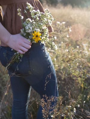 Hands hold a bouquet of wildflowers with white daisies and yellow flowers in a sunny meadow.