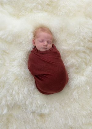 Newborn baby peacefully sleeping while swaddled in burgundy wrap on white furry backdrop.