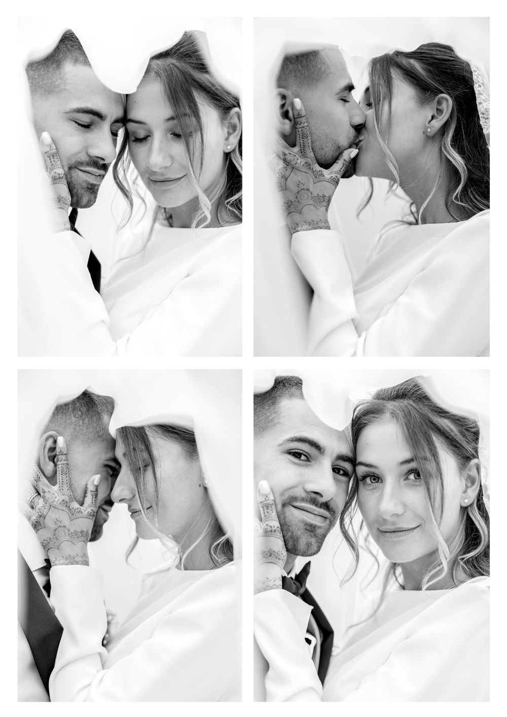Black and white wedding photo collage of a couple sharing intimate moments, kissing and smiling together.