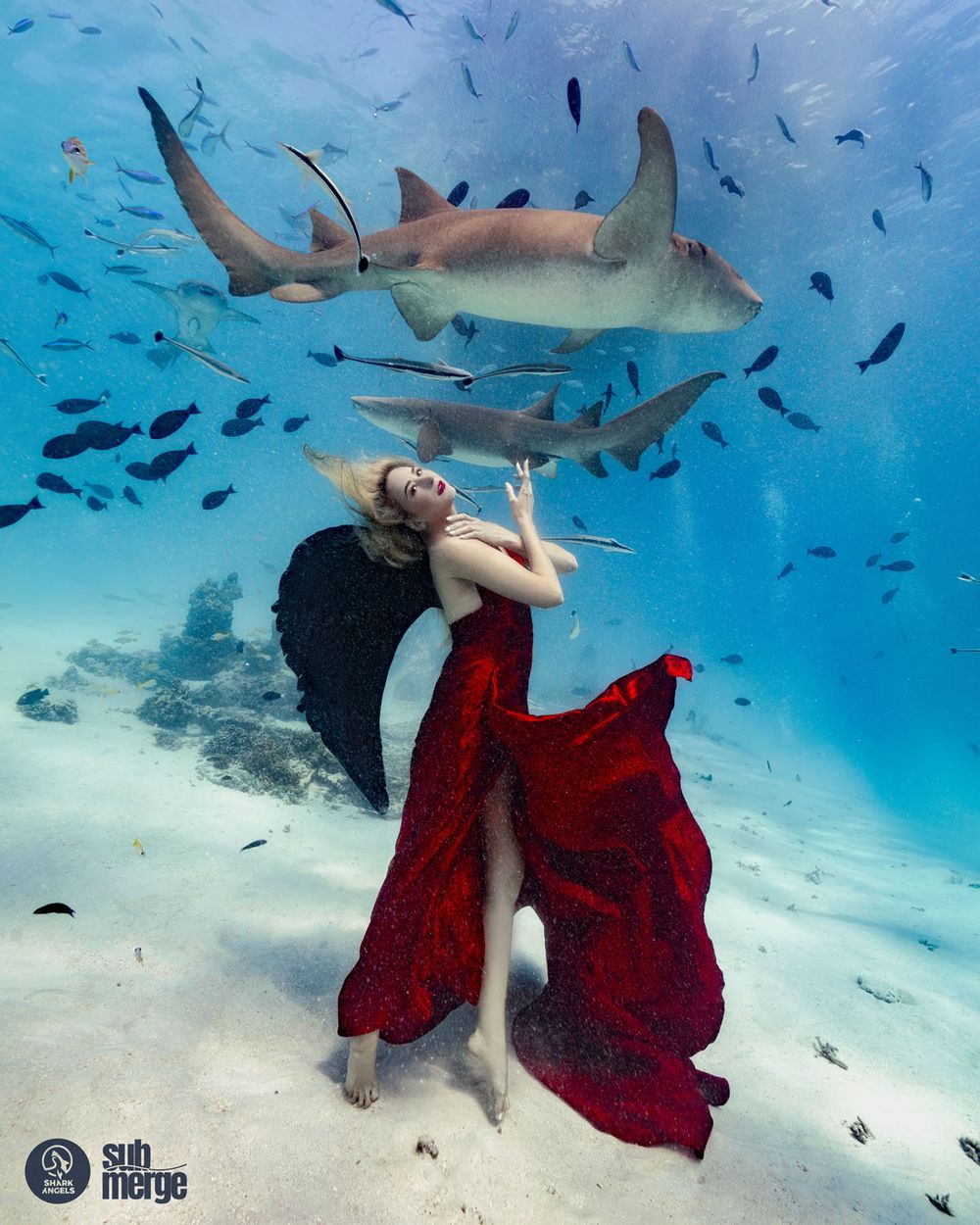 A flowing red dress creates an ethereal underwater scene with a large shark swimming overhead in crystal blue waters.