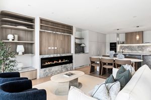 Modern white and wood interior design collage featuring living spaces, bedrooms, and kitchen areas with minimalist decor.