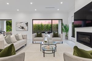 Modern home interior design collage showing living spaces, kitchen, and outdoor views with sleek contemporary styling.