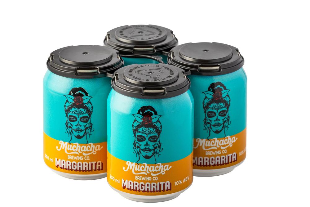 Multiple cans of canned cocktail drinks with teal and orange branding displayed in a product lineup.