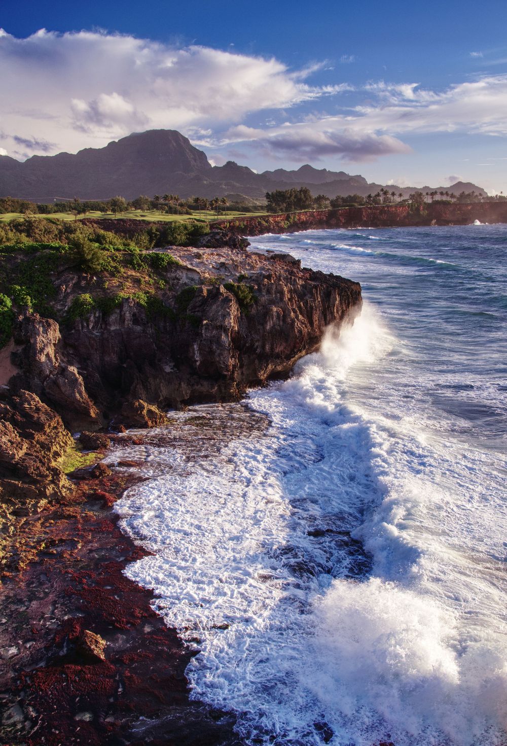 Waves crashing into the cliffs of a beach.