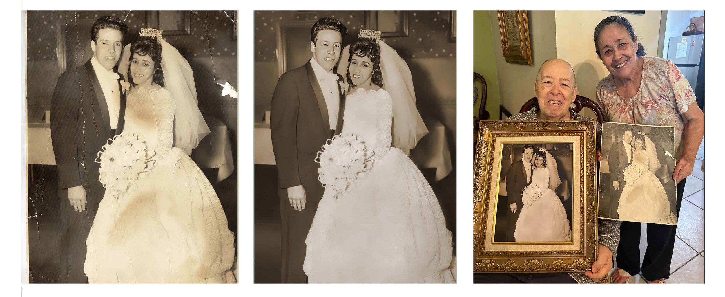 Family receiving restored photo and holding finished restoration in Coral Gables Miami