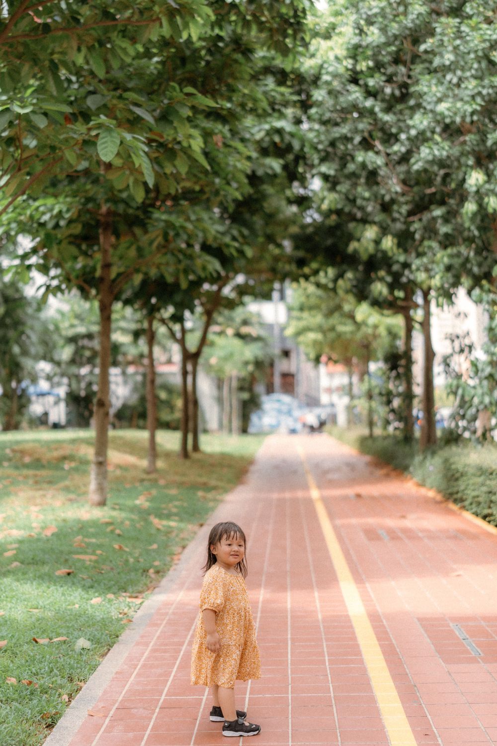 Small child in yellow dress stands on tree-lined brick pathway.
