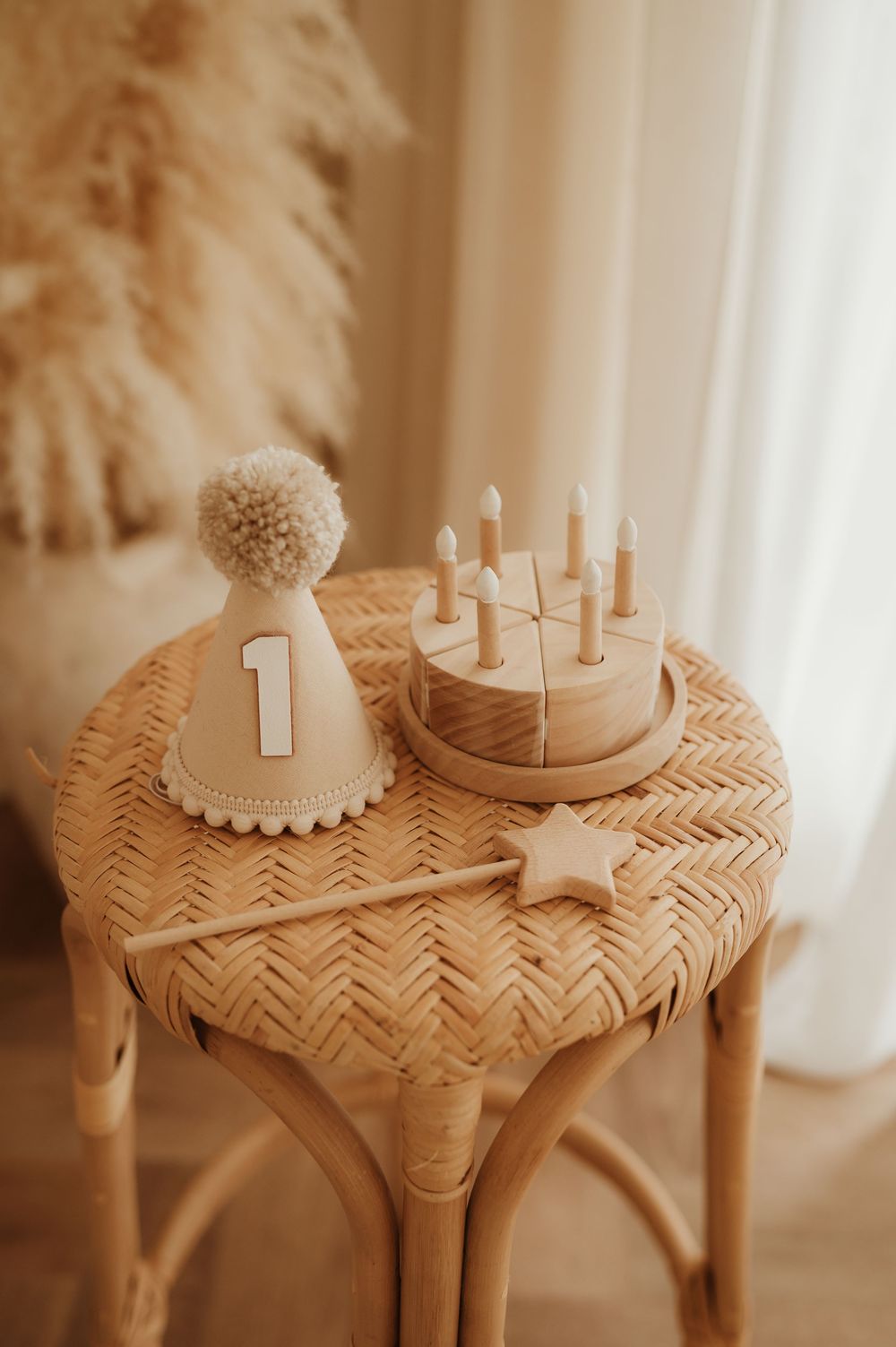 Multiple views of a handwoven rattan or bamboo side table with geometric patterns and a circular top in warm sepia tones.