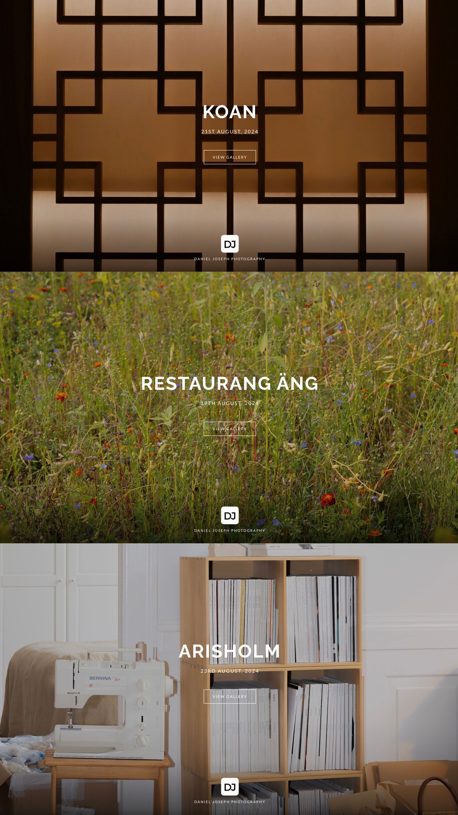 Website preview grid showing Koan's geometric design, Restaurang Ang's wildflowers, and Arisholm's crafting space.