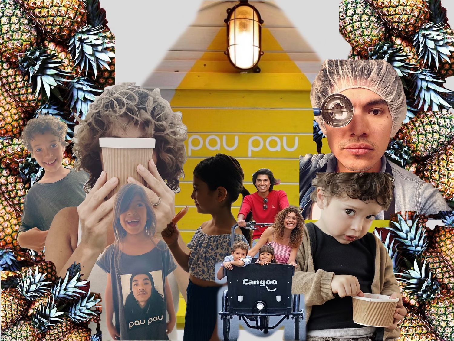 A collage of people enjoying beverages at a tropical themed pineapple cafe with wooden tables and palm decor.