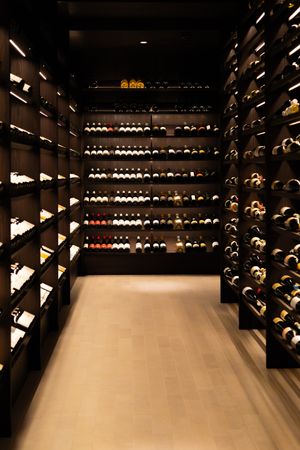 Long corridor of a luxurious wine cellar with illuminated bottles on both sides.
