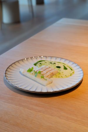 Elegant plated fish with green sauce and garnish on a ribbed white ceramic plate.