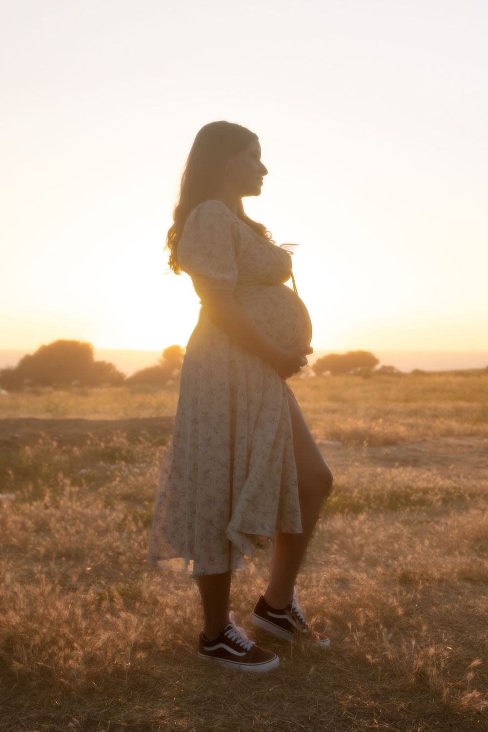 A silhouetted figure in a flowing dress stands against a sunset sky.