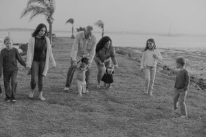 Children playing and running on grassy hill near the ocean.