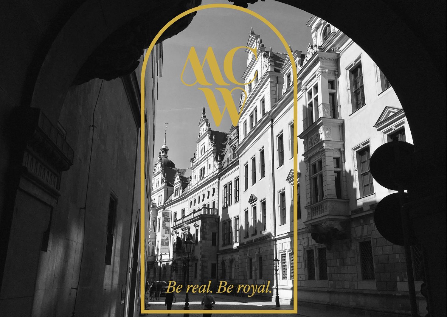 Black and white architectural corridor with MCW monogram and gold arch frame overlay.