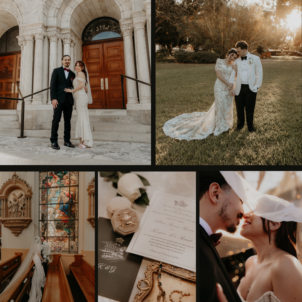 Elegant wedding collage featuring couple at church entrance, outdoor portraits, ceremony details, invitations, and romantic close-up kiss.
