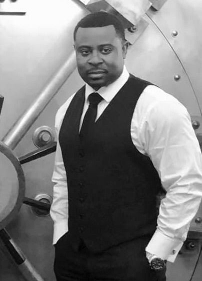 A series of black and white portraits showing wedding party members in formal attire.