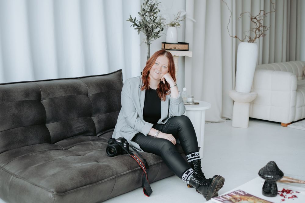 Collage of someone sitting on a gray couch in various poses wearing black boots and pants.