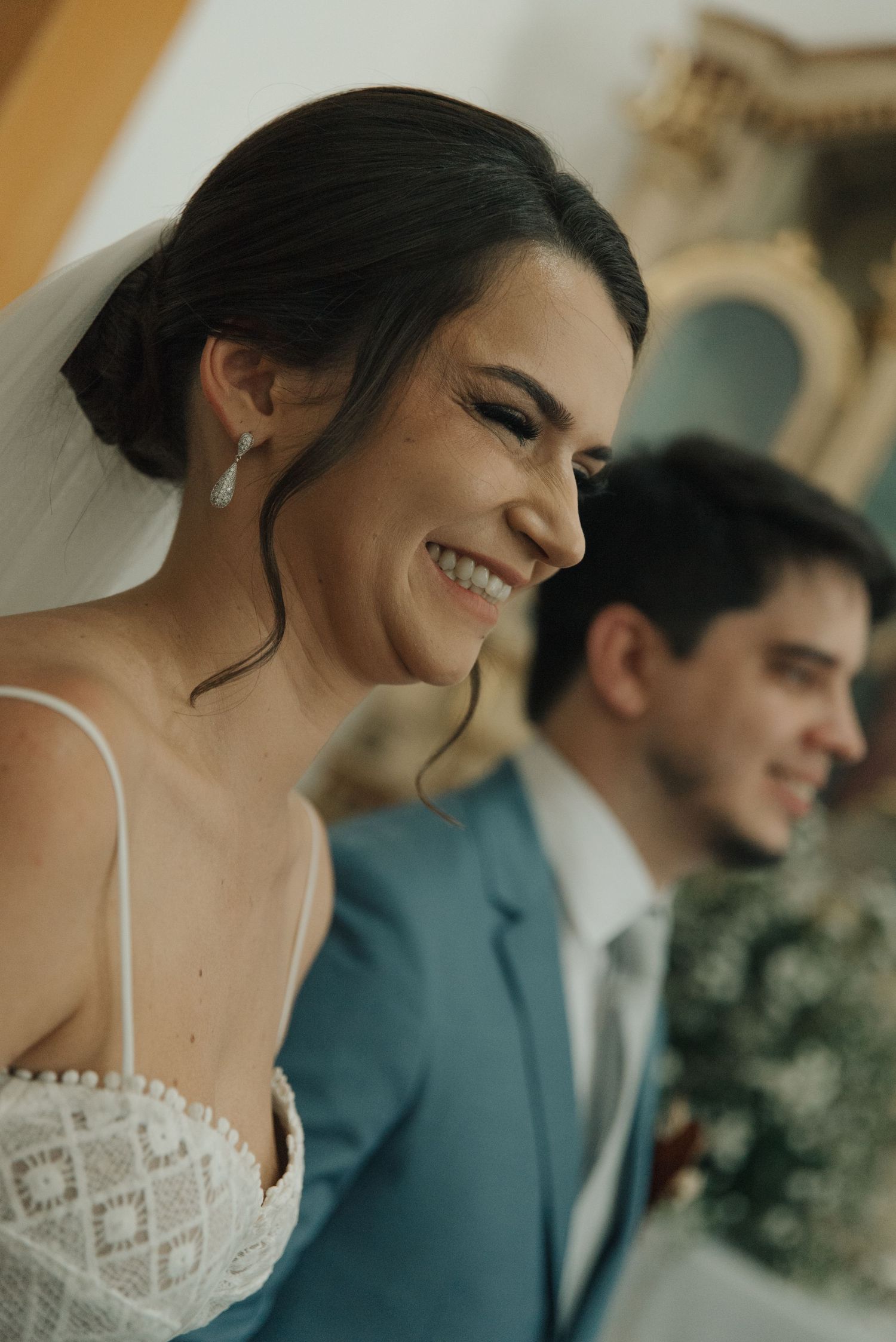 A joyful moment captured during a traditional church wedding ceremony.