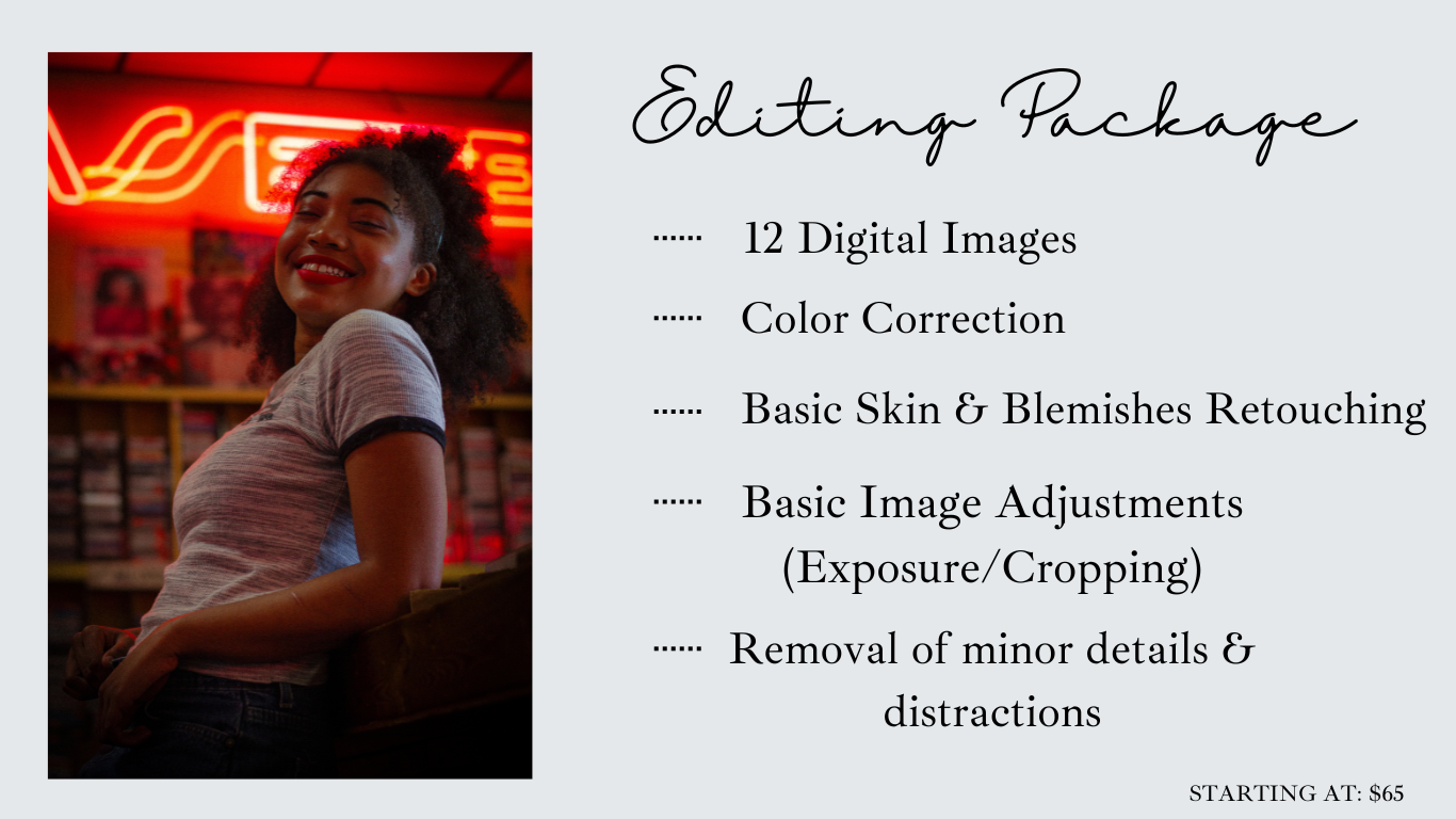 Text overlay showing editing package details on a red and black background.