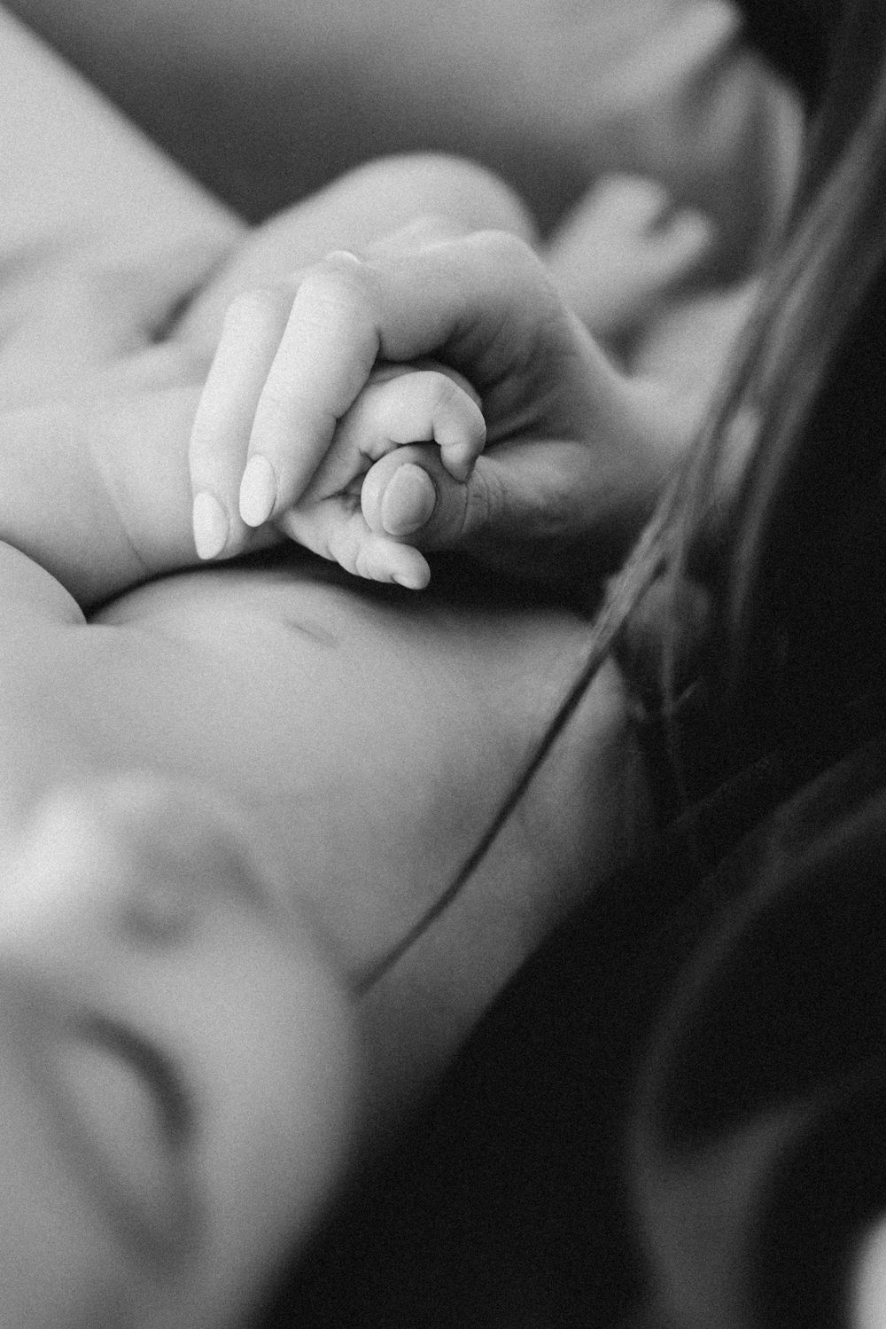 Artistic black and white macro shots of tiny infant hands.