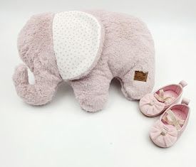 Pink plush elephant stuffed animal toy paired with matching pink baby girl bow ballet flats shoes set.