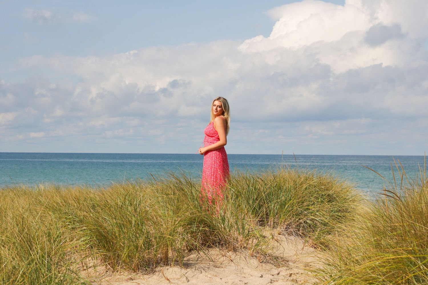 Beach dune grass swaying in breeze with ocean horizon and cloudy sky in background.