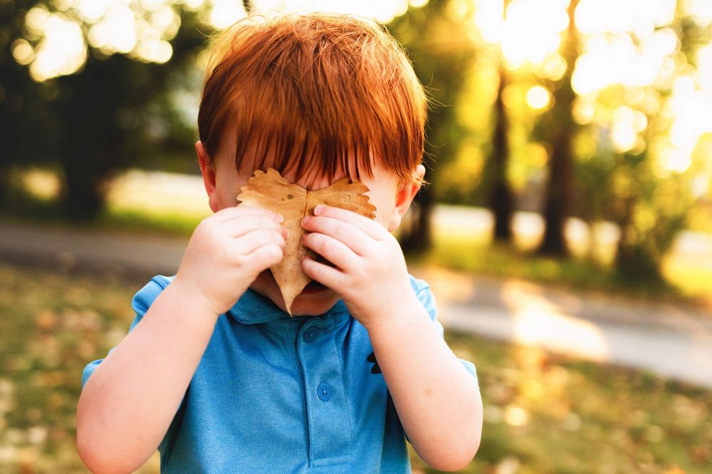 Red-haired boy holding an autumn leaf over his face in a sunny park during fall season.