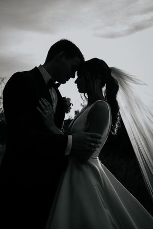 Artistic black and white silhouette of a wedding couple with dramatic lighting.