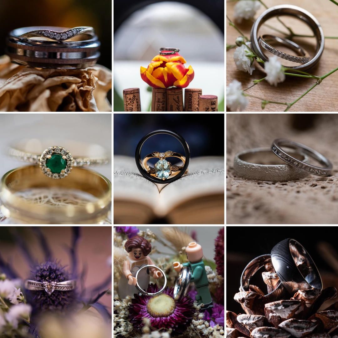 Artistic macro shots of wedding rings and jewelry with creative lighting and composition.