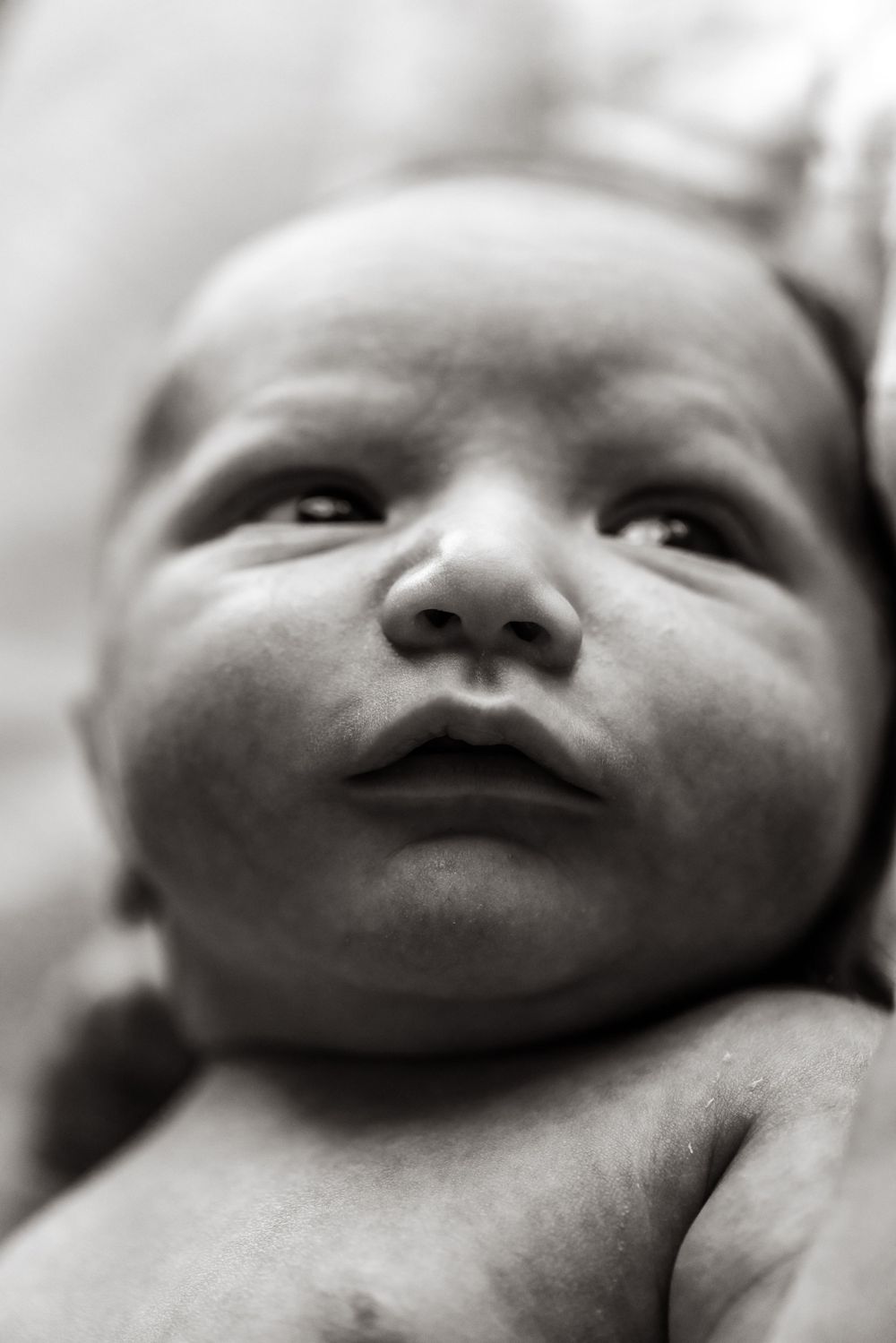 Artistic black and white close-up of a newborn baby's face.