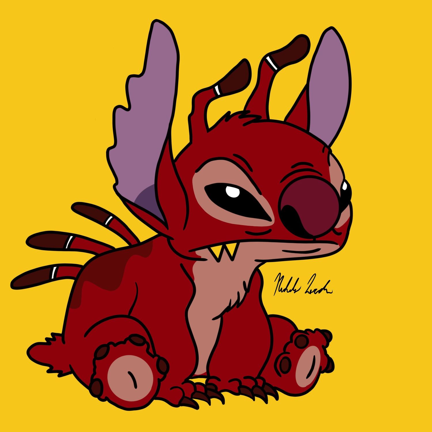 Red Stitch from Lilo & Stitch fan art illustration on yellow background, showing the alien character in a sitting pose.