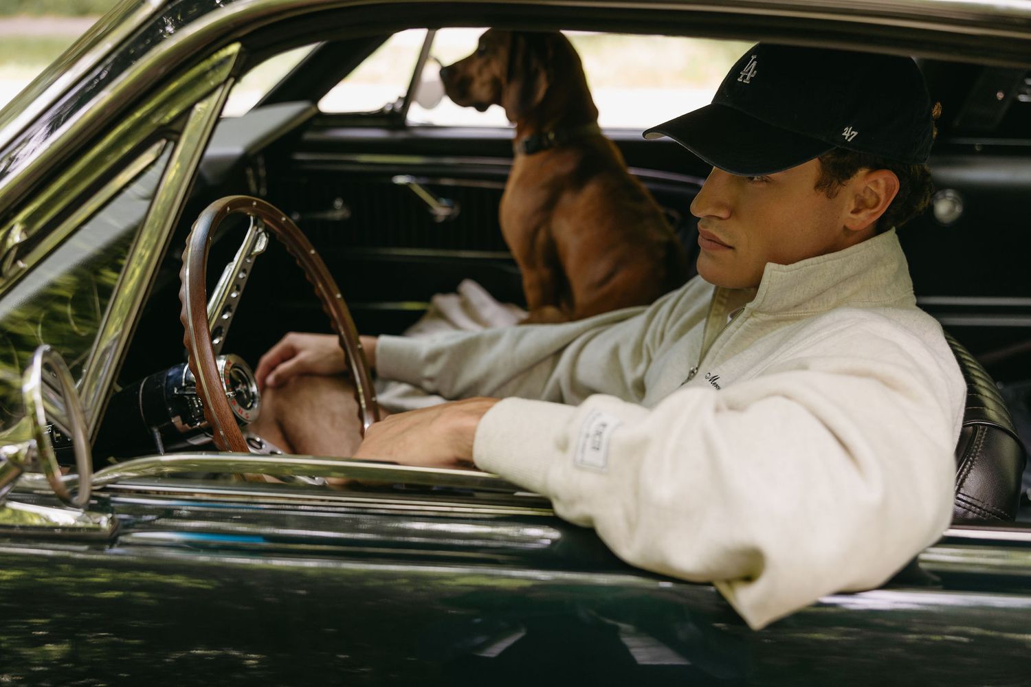 Vintage car interior with person in white sweatshirt and dog in passenger seat.