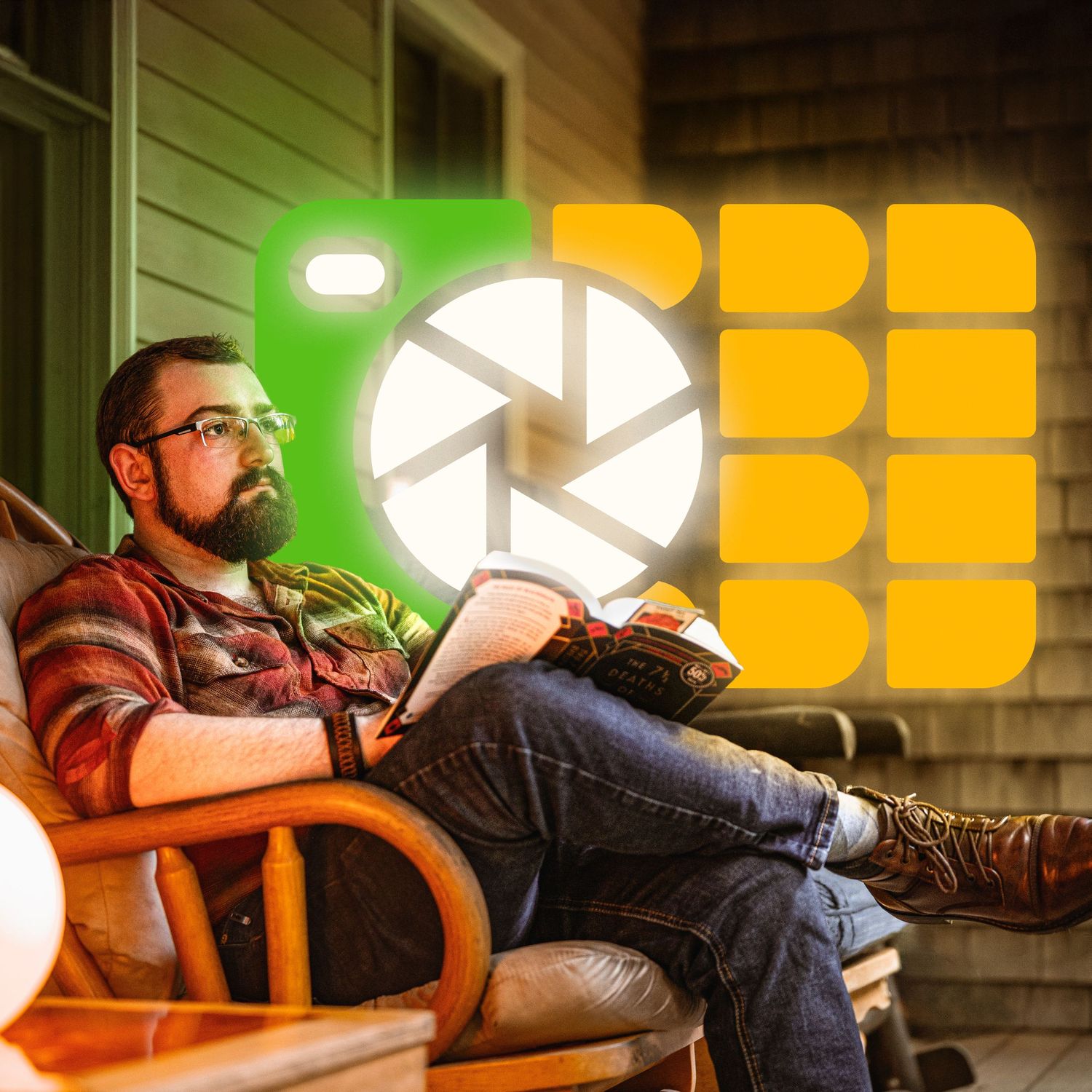 Person relaxes in a rocking chair on a porch with colorful data visualization graphics overlaid.