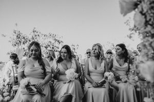 A sequence of candid black and white photos showing wedding guests reacting emotionally during a ceremony.