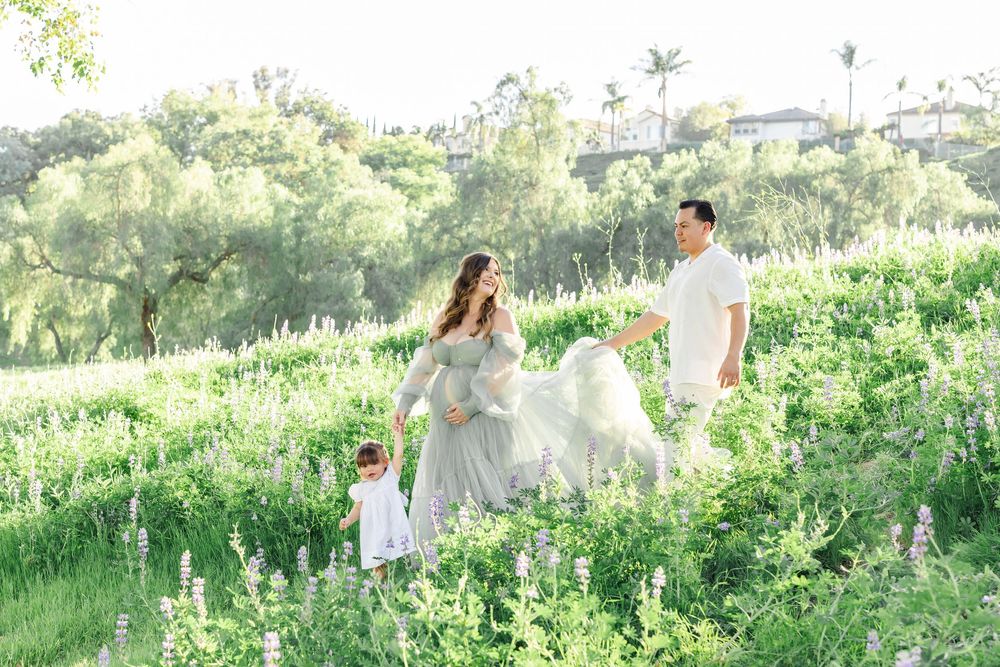 Pregnant woman in flowing gray gown walks with partner and toddler through lush green meadow with wildflowers.