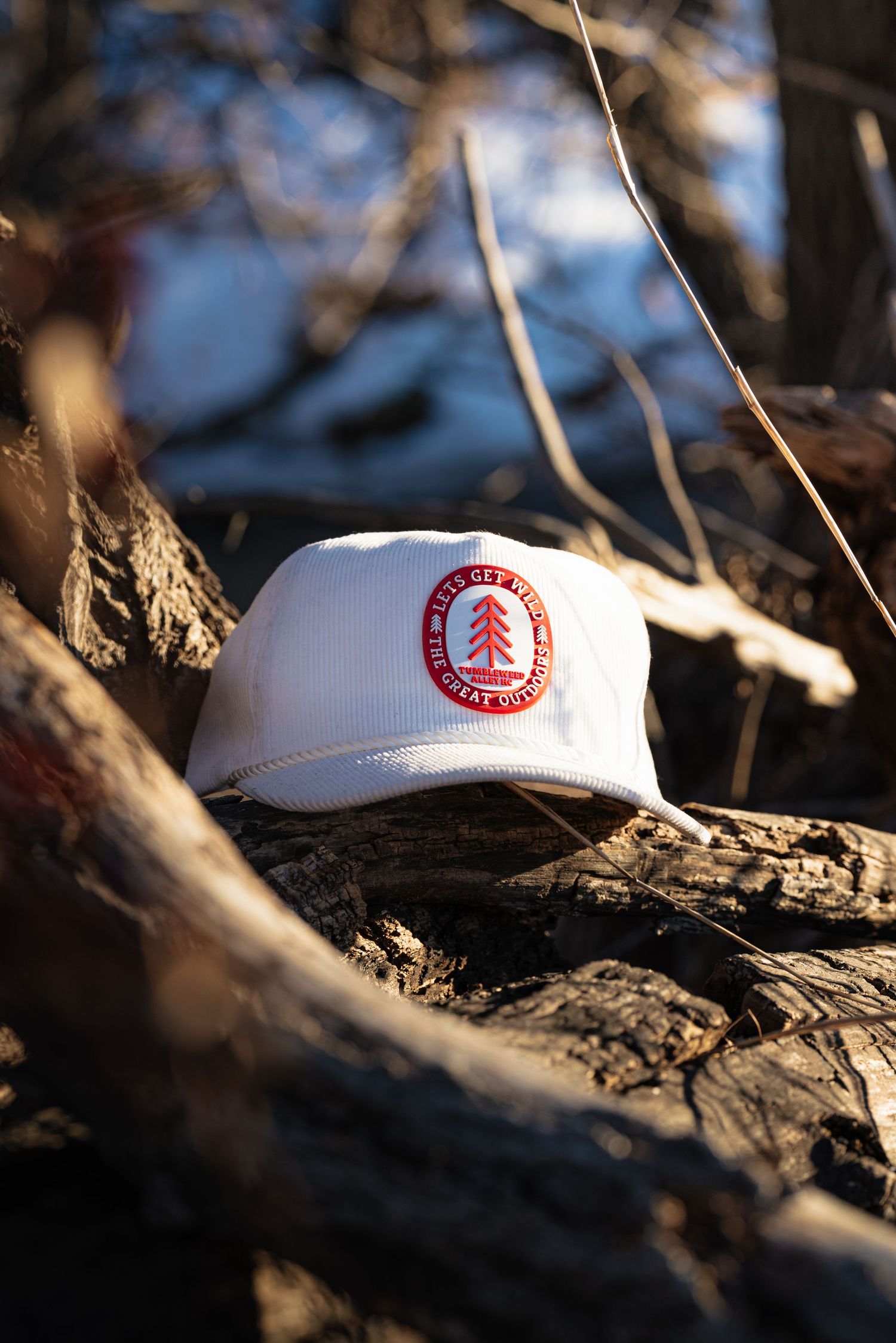 White baseball cap with red circular logo resting on tree bark in natural lighting.