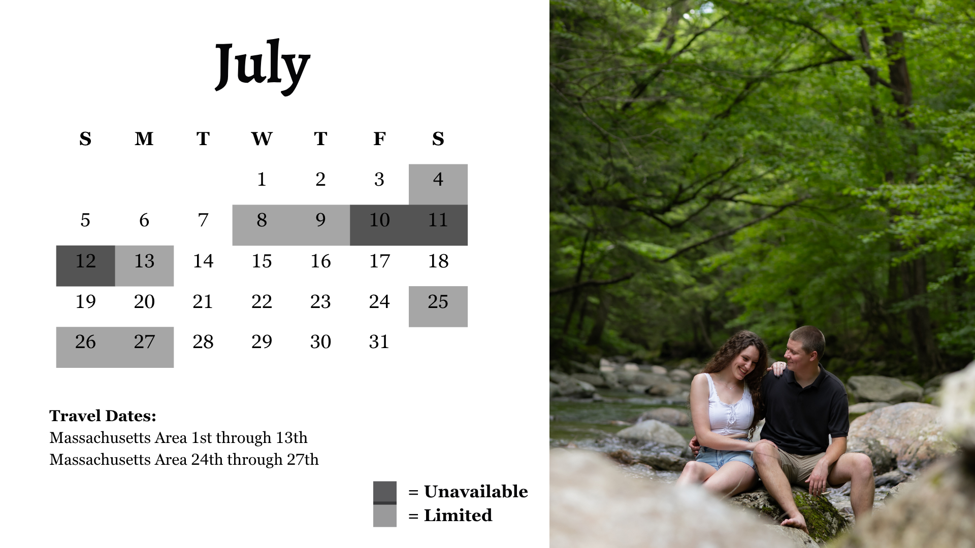 July calendar showing travel dates for Massachusetts Area with a couple sitting by a forest stream in lush green woods.