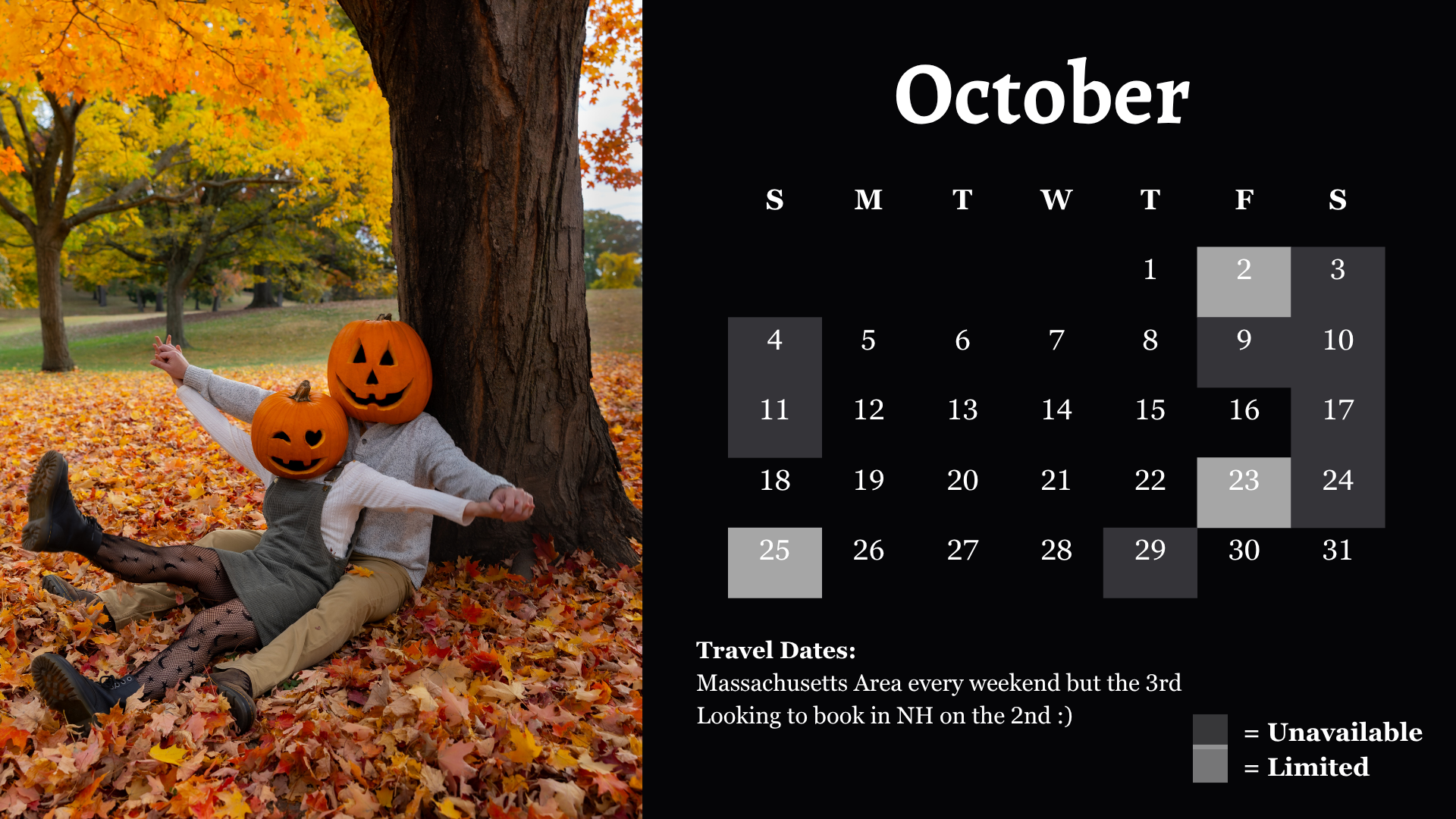 October calendar with Halloween pumpkin-headed couple in autumn leaves, showing travel dates and availability for New Hampshire.