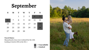 Couple embracing in a sunny field with a September calendar showing travel dates and availability for Massachusetts and New Hampshire.
