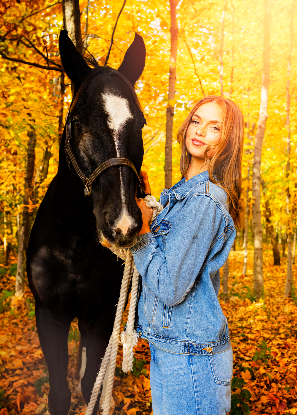 Black horse with white blaze poses with person in denim outfit amid golden fall foliage.